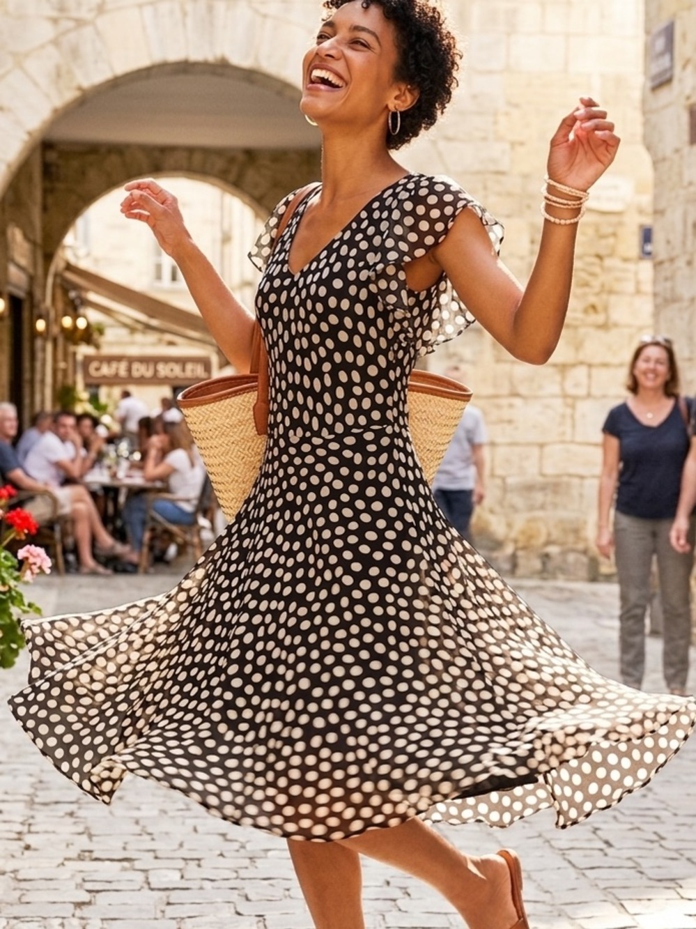 Georgiou Studio 100% Silk Polka Dot Midi Dress Size 8 Black Cream Flutter Sleeve
